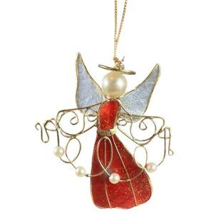 Capiz Shell Red White Gold Wire Christmas Tree Angel Ornament 4.5' H